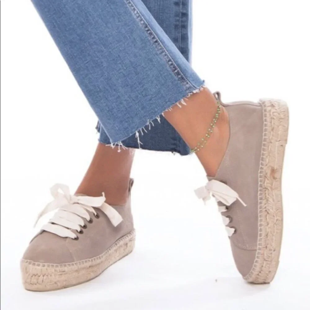 Manebi Hamptons Espadrille Sneaker Platform Jute Gray Suede Leather size 41